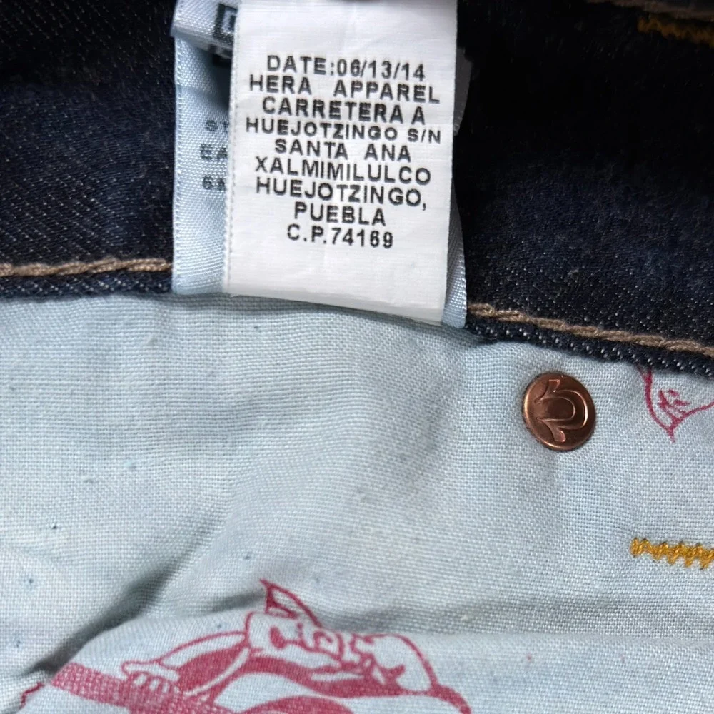 True Religion Jeans Mens 44x34 Straight Allover Earthworm Gold Cursed Blue Denim